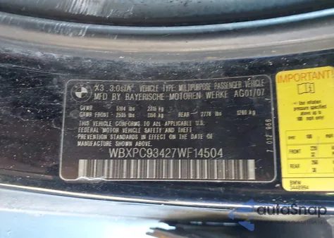 2007 BMW X3 3.0Si from USA, damaged, VIN WBXPC93427WF14504